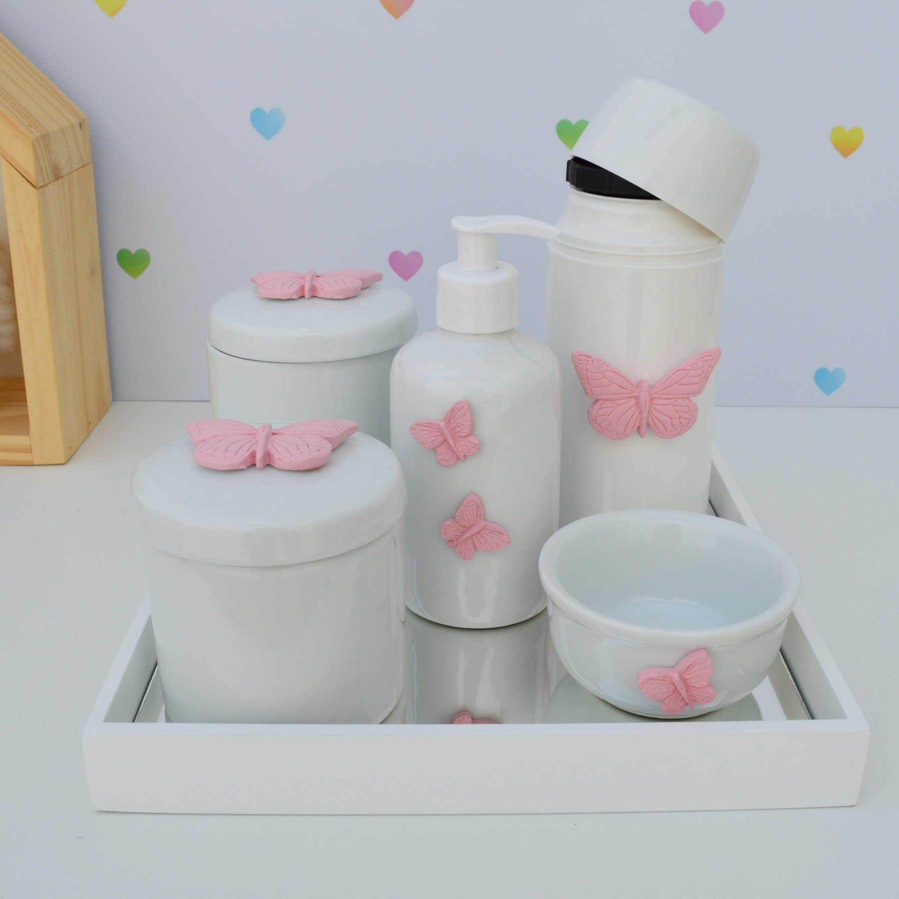 Kit Higiene Porcelana Bebê Maternidade Bancada Meninas Borboleta Rosa