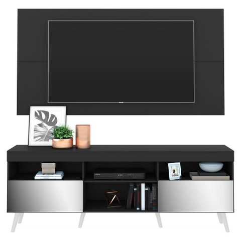 Rack Com Painel E Suporte Tv 65" Retrô Com Espelho Flórida Multimóveis V3142 Preto/Branco