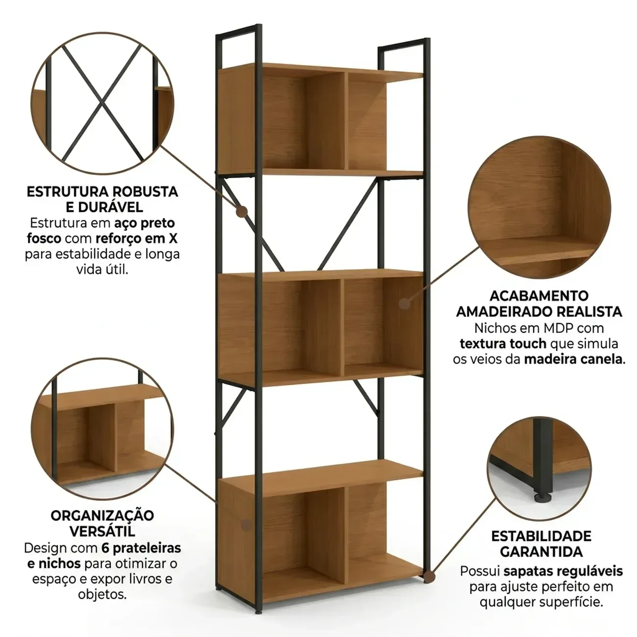 Ver imagem 4 de Kit 3 Estantes de Livro Industrial 2m em Aço com Nichos Office Canela/Preto