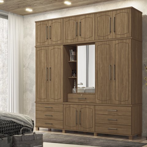 Guarda Roupa Casal Triplex Londres 13 Portas 7 Gavetas C/ Pes e Espelho Santos Andira