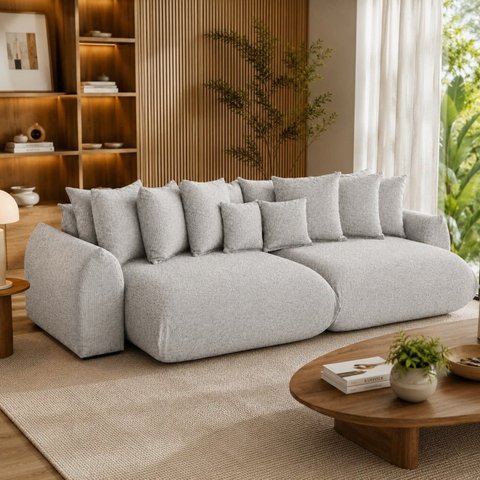 Sofá Retrátil 5 Lugares Linho Armani 2,70 Mts Cinza Claro