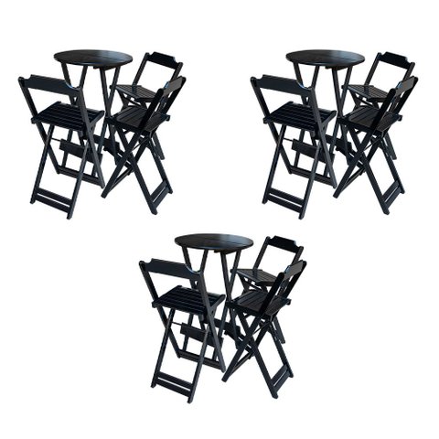 Kit 3 Jogos de Mesa Bistrô de Madeira Dobrável com 3 Banquetas - Preto