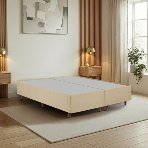Cama Box Queen Estofada em Madeira Maciça Base Reforçada Santorini Espresso Móveis Bege/Veludo