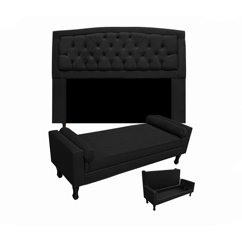 Jogo Cabeceira Geovana + Calçadeira Fênix Solteiro 90cm Suede Preto - LM DECOR