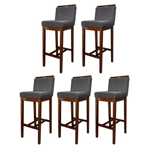 Kit 5 Banquetas Alta para Bancada Gourmet Líbia Madeira Capuccino Suede Cinza Ccs