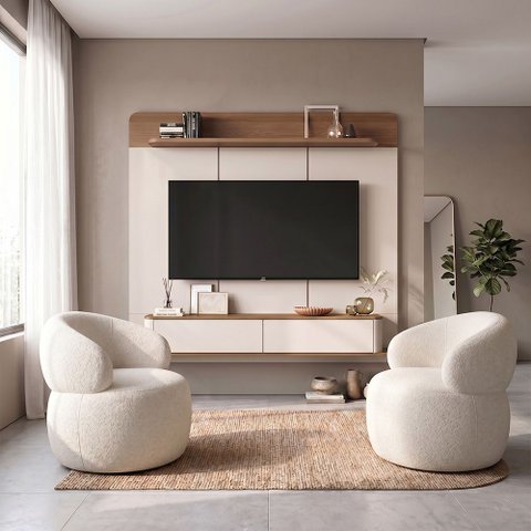 Conjunto Sala Painel Home Concept para Televisão 70 Polegadas com 2 Poltronas Eloah Bouclé Off White
