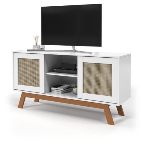 Rack Buffet com Duas Porta de Correr Rattan Pés em Madeira Branco Ofertamo