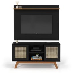 Rack com Painel Rattan Portas de Correr Preto Ofertamo Móveis Sala - 1