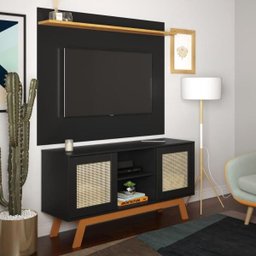 Rack com Painel Rattan Portas de Correr Preto Ofertamo Móveis Sala - 2