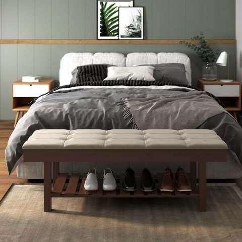 Banco em Madeira Almofadado com Sapateira Bege Linho Rubi Ofertamo