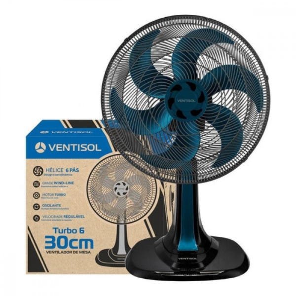 Ventilador Ventisol Osc Mesa Turbo 6 Pás 30 cm 10024 Preto com Azul - 2