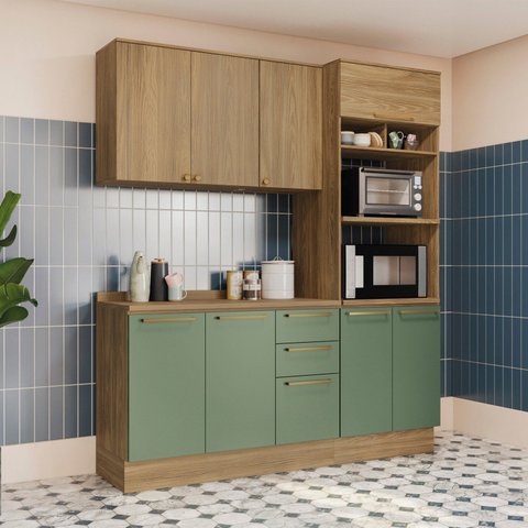 Cozinha Compacta Modulada 3 Peças com Tampo e Torre Quente Botanic Verde/Nogueira/Oliva