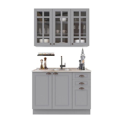 Cozinha Compacta Bariloche 6 Portas 2 Gavetas com Vidro 100% MDF Titânio Fosco - Indékes