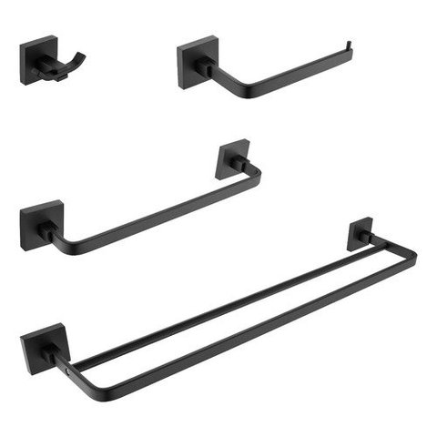 Kit Acessórios para Banheiro Preto Fosco Quadrado Barra Dupla em Aço Inox 4 Peças