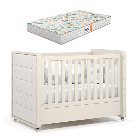 Berço Americano Tutto New Off White com Capitonê New Boucle e Colchão Gazin - Matic