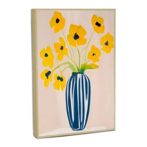 Quadro Decorativo Flores em Aquarela Amarelas em Moldura Filete Madeira Natural 40x60cm