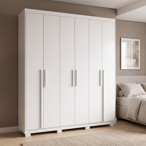Guarda-Roupa Casal 6 Portas, 2 Gavetas e Pés MDF Cuiabá Branco