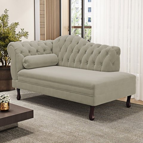 Divã Recamier Chaise Longue Lavínia 150cm Capitonê Pés de Madeira Suede Bege - Desk Design