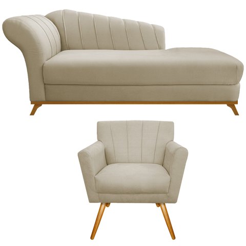 Kit Diva Recamier Vanessa 140cm Lado Direito e 01 Poltrona Laura Linho Doce Sonho Móveis Bege