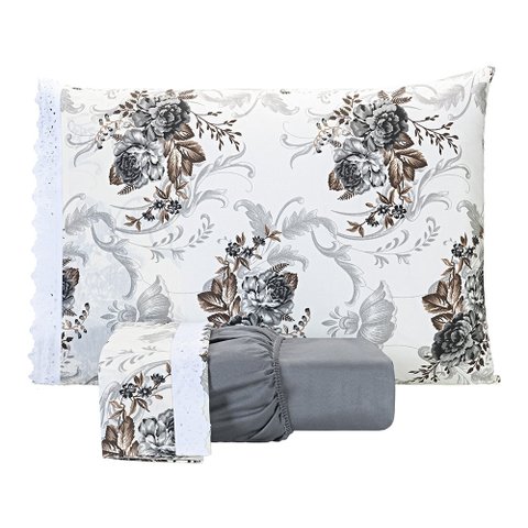 Jogo De Lençol Estampado Casal Padrão 03 Peças Flores Cinza