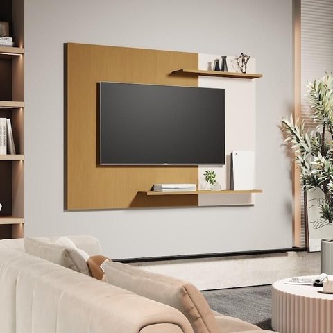 Painel Suspenso Mênfis para Sala com Detalhe Ripado e Organizador Cedro/off