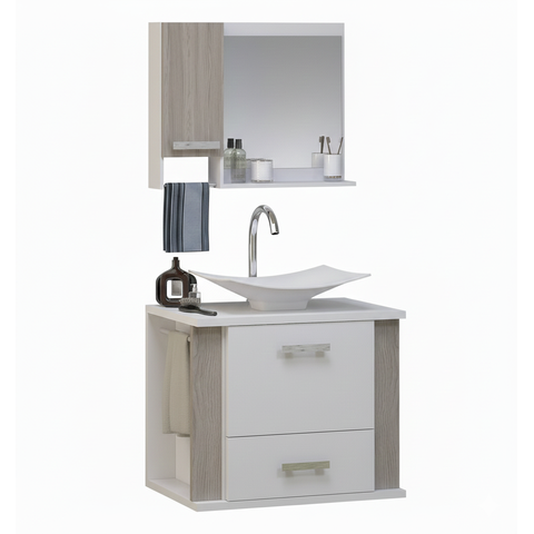 Kit Gabinete Cuba e Espelheira 60cm para Banheiro Moderno:branco/madeirado