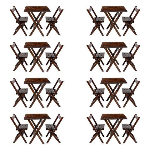 Kit 8 Conjuntos Mesa Dobrável para Bar e Restaurante 60x60cm com 2 Cadeiras em Madeira Maciça -