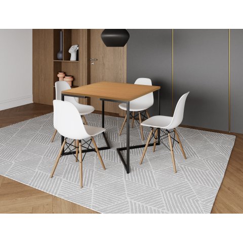 Mesa Industrial Base Ferro Preto em V Tampo 90x90 Canela 4 Cadeiras Eames Madeira Assento Branco