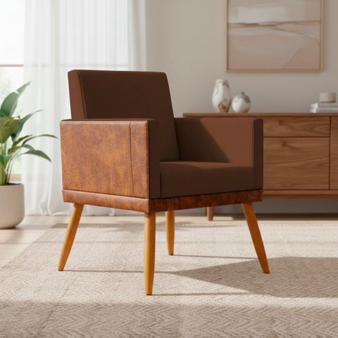 Poltrona Decorativa Lis para Sala Quarto Recepção Linho Corino Assento Confortável Pé Castanho