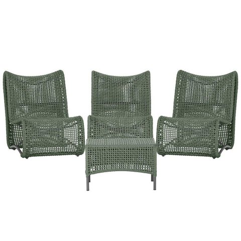 3 Poltronas e Mesa Texas Alumínio Preto Corda Náutica Trama Verde