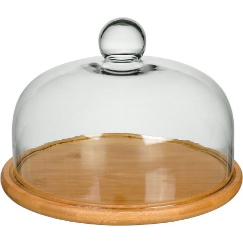Prato Bolo Boleira Redondo Home&Co Tampa Vidro Bambu 18x25x25cm