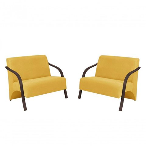 Kit 2 Poltronas 2 Lugares Suede Braço Madeira Amarelo