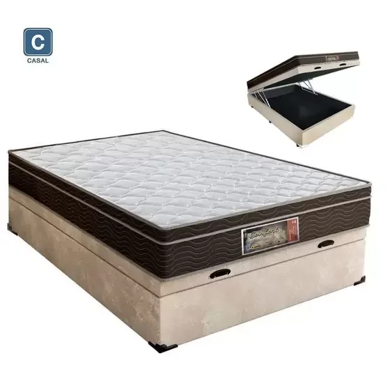 Cama Box Baú Casal Colchão Molas Bonnel + Box Suede Bege Sp Móveis 69x138x188:Bege