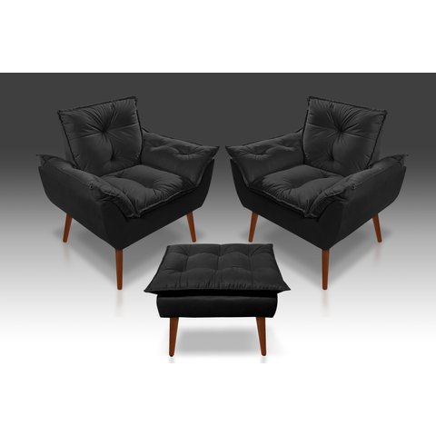 Kit 2 Poltronas Opala + 1 Puff Opala Suede Preto - Tucanos Estofados