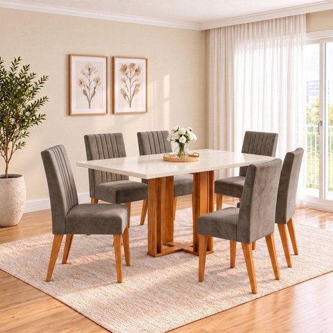 Conjunto Sala de Jantar Mesa Manu 160cm Tampo MDF Canto Reto 6 Cadeiras Lily