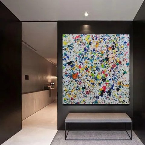 Quadro Pintado A Mão Abstrato Pollock Horizontal