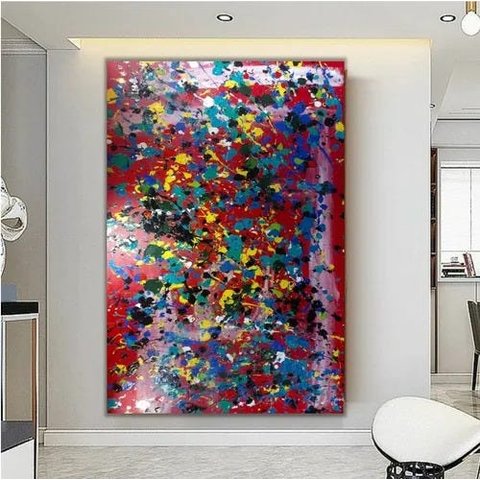 Quadro Grande Pollock Pintado A Mão 90x150 Vermelho