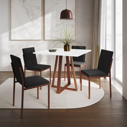 Conjunto de Jantar Mesa Mônaco 90cm Tampo Branco com 4 Cadeiras Pretas Base Cobre - Cor: Preto