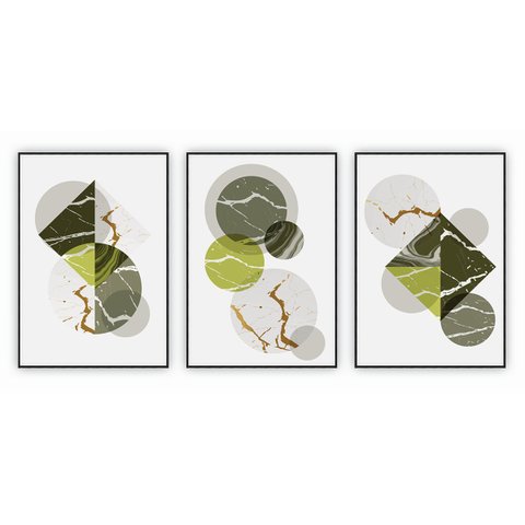 kit com 3 Quadros Decorativos Abstratos com Moldura e Vidro para Sala Quarto Escritório e Clínica 72