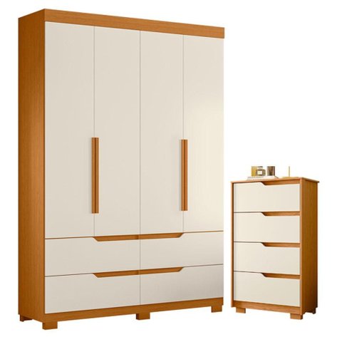 Guarda Roupa Solteiro Doble 04 Portas e Cômoda Sole Flex Cinamomo Off White - Móveis Albatroz