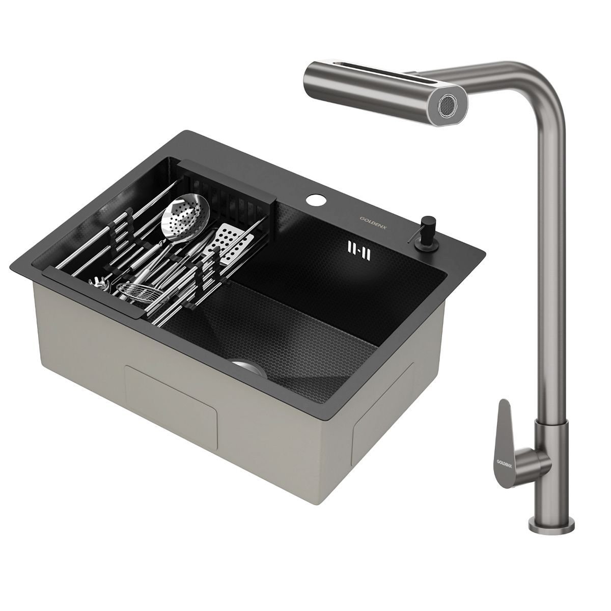 Kit Cuba Gourmet Mônaco Preto Aço Inox 304 e Torneira Gourmet Tóquio Grafite Goldenx