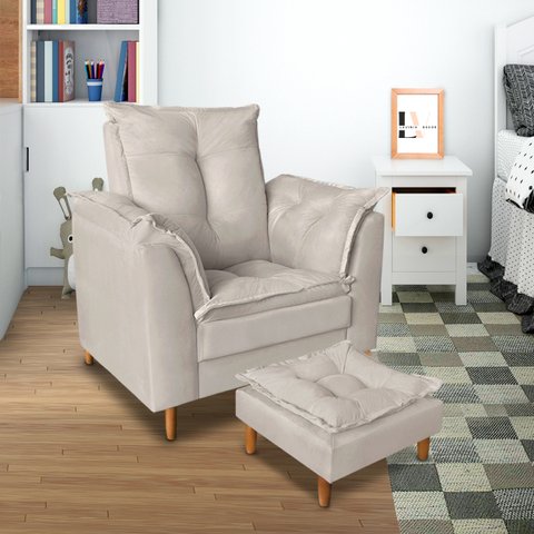 Poltrona para Quarto de Bebê Amamentação Confortavel com Puff Fibras Macias Bege