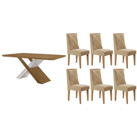 Conjunto: Mesa Sala Jantar Imperatriz Curvo 180cm e 6 Cadeiras Pietá Naturale/off White - Linho