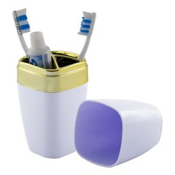 Suporte Porta Escova e Creme Dental Com Tampa Detalhe Dourado - Branco-Dourado - 5