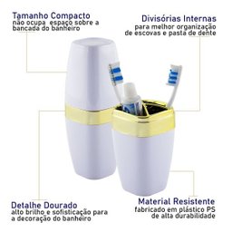 Suporte Porta Escova e Creme Dental Com Tampa Detalhe Dourado - Branco-Dourado - 3