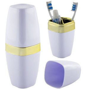 Suporte Porta Escova e Creme Dental Com Tampa Detalhe Dourado - Branco-Dourado