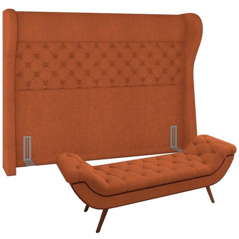 Kit Cabeceira Cama Box Casal 195cm Madrid com Puff Recamier Santorini Bouclê Terracota