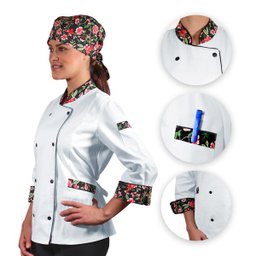 Dólmã Chef de Cozinha Feminina Alpineia Rosas - Wp Connect - Branco/Preto Floral Rosa - M - 3