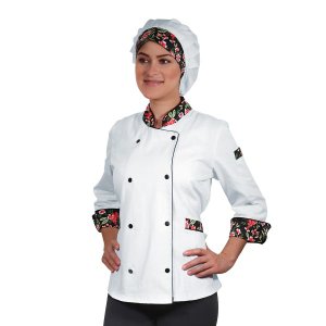 Dólmã Chef de Cozinha Feminina Alpineia Rosas - Wp Connect - Branco/Preto Floral Rosa - M