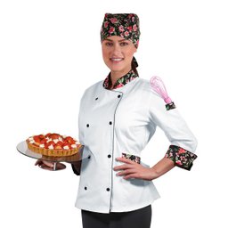 Dólmã Chef de Cozinha Feminina Alpineia Rosas - Wp Connect - Branco/Preto Floral Rosa - M - 2